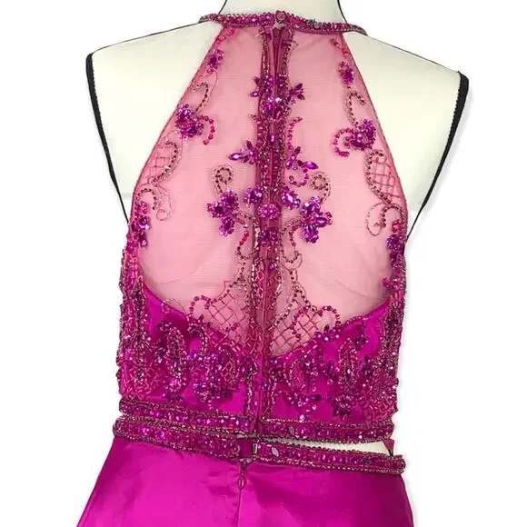 Mori Lee Fuchsia Embellished 2 Piece Prom Dress Size 10 Halter Gown - Picture 15 of 16